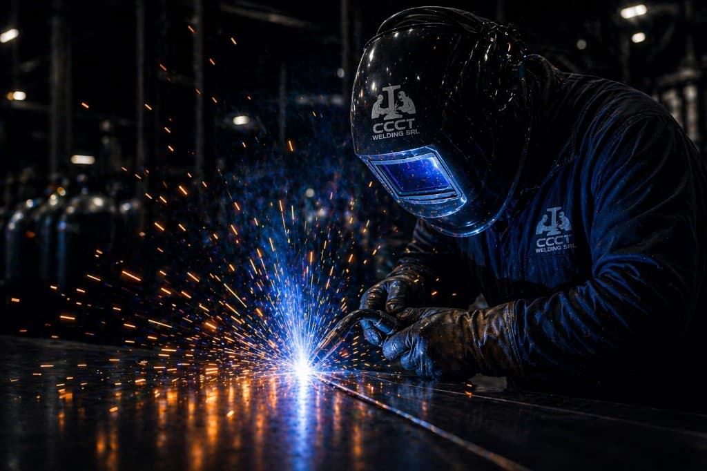 Saldatore al lavoro con scintille